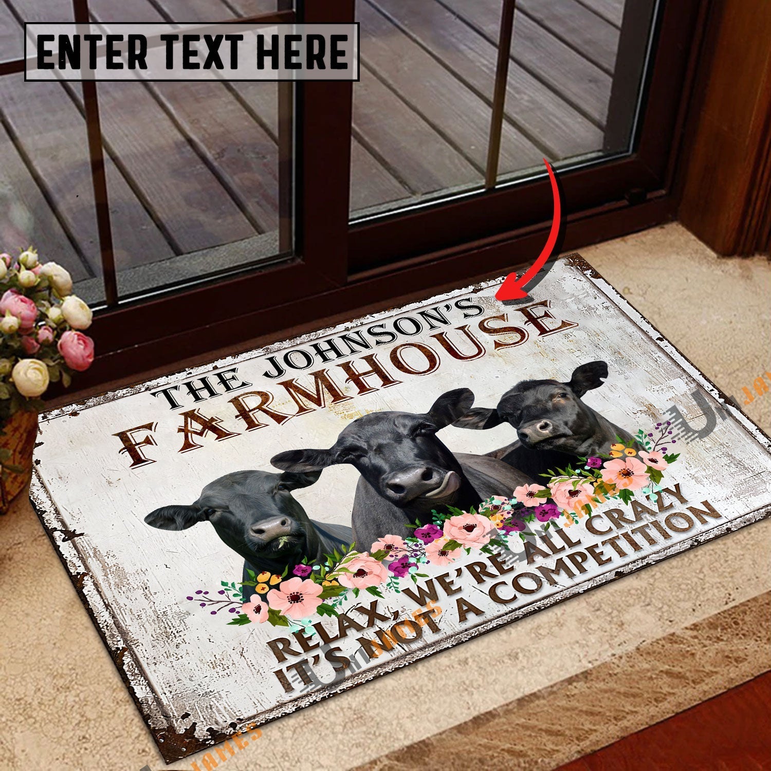 Black Angus Relax Cattle Farm Personalized Name Doormat