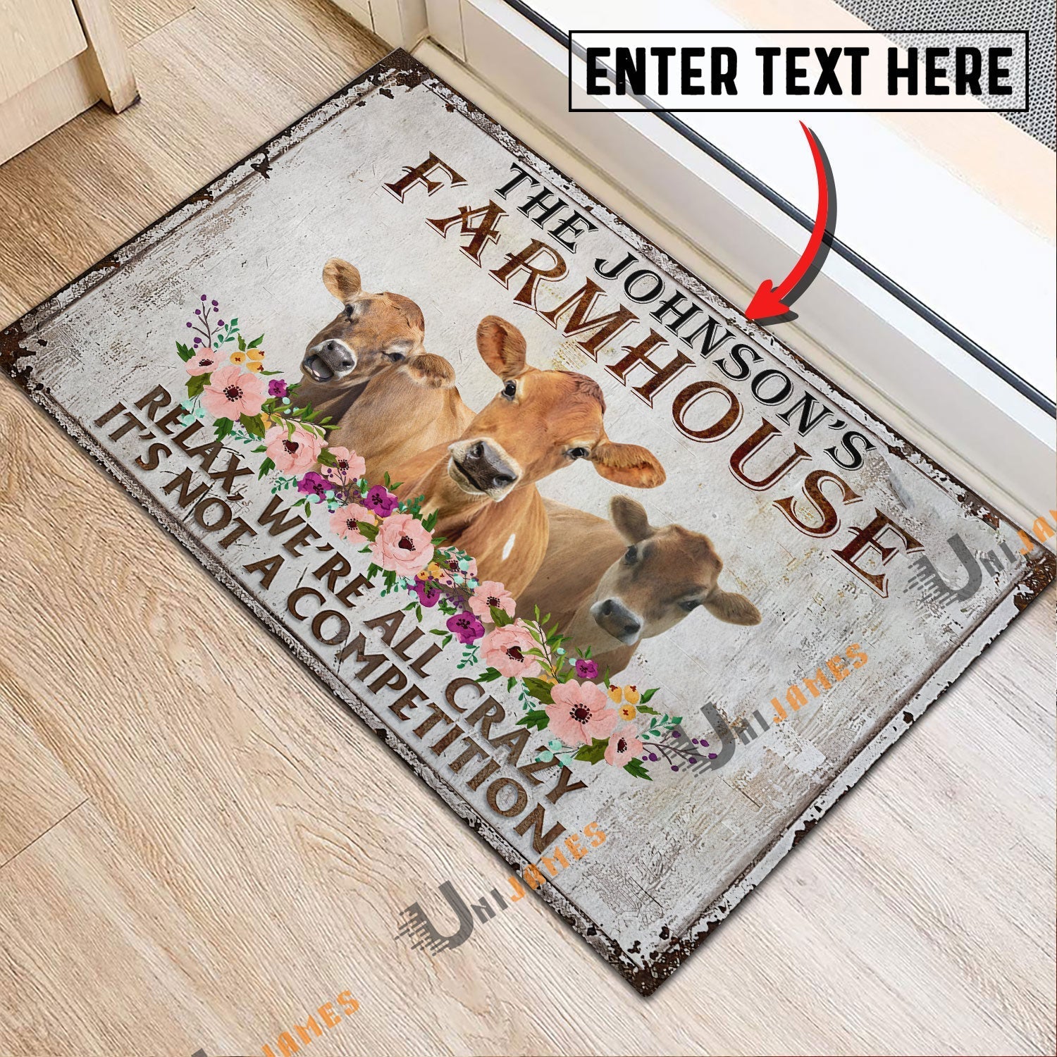 Jersey Relax Cattle Farm Personalized Name Doormat