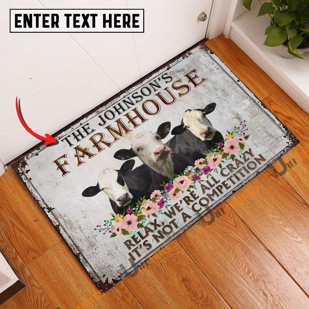 Black Baldy Relax Cattle Farm Personalized Name Doormat