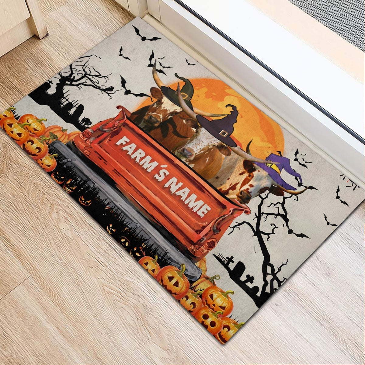 Texas Longhorn Custom Farm Name Halloween Doormat