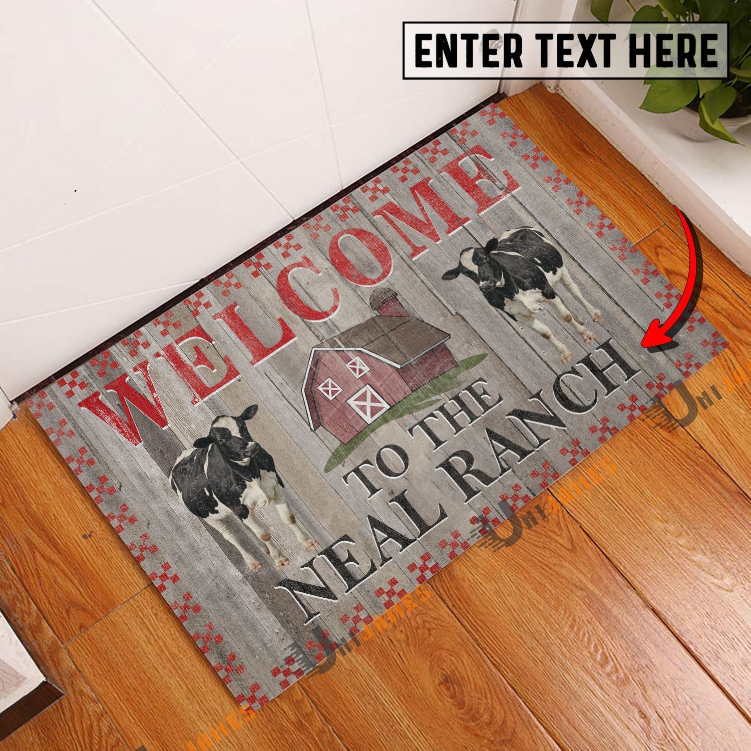 Holstein Welcome To The Farmhouse Custom Name Doormat