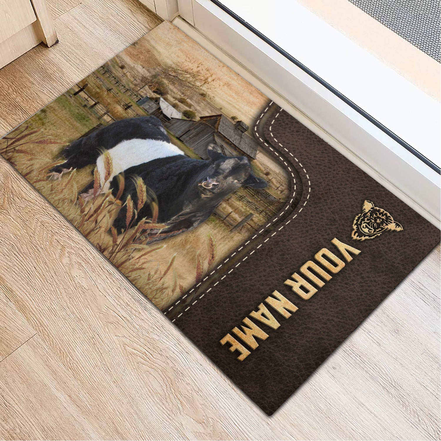 Belted Galloway Custom Name Leather Pattern Doormat
