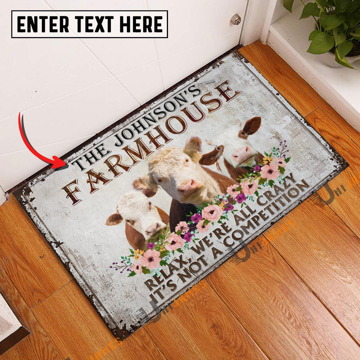 Hereford Relax Cattle Farm Personalized Name Doormat