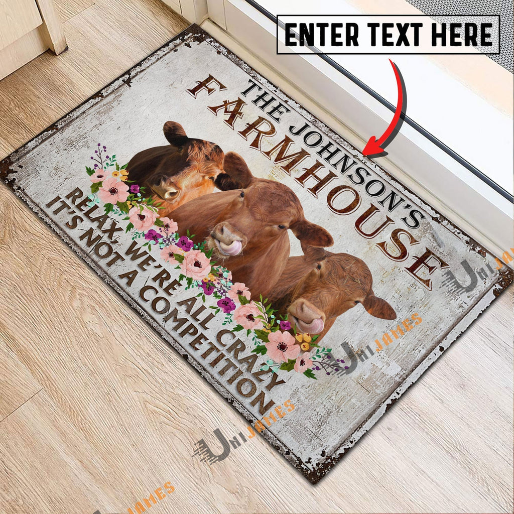 Red Angus Relax Cattle Farm Personalized Name Doormat