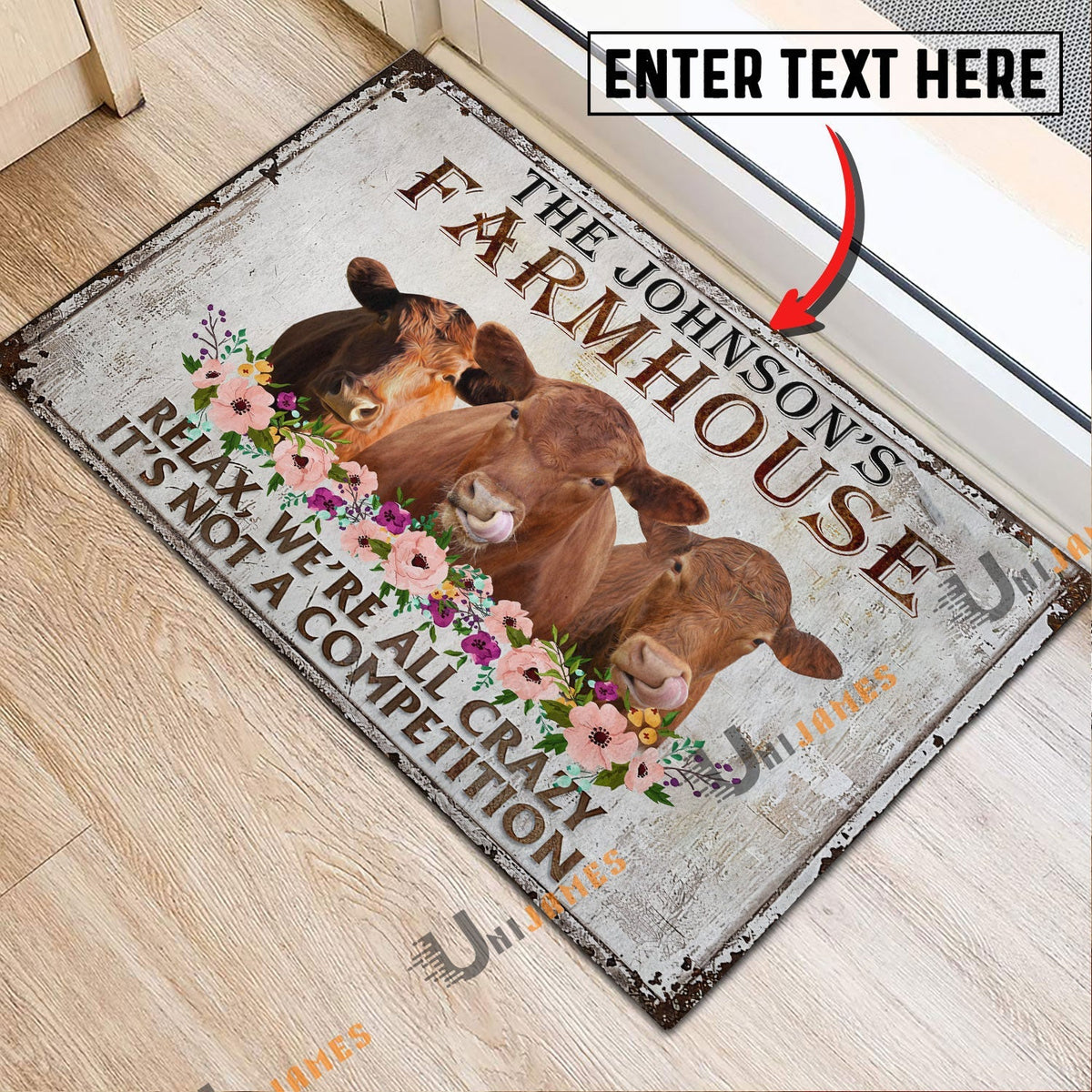 Red Angus Relax Cattle Farm Personalized Name Doormat
