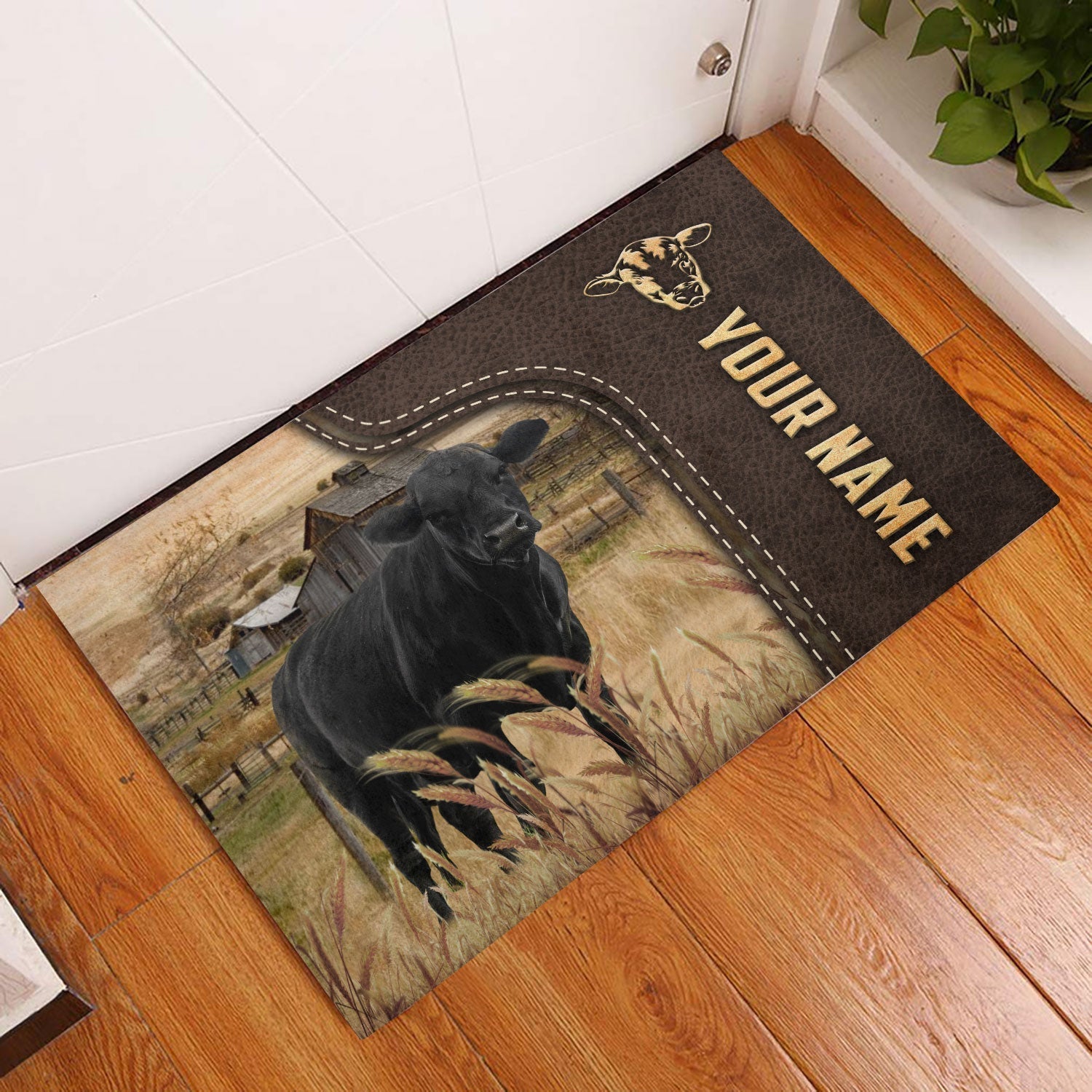 Black Angus Custom Name Leather Pattern Doormat