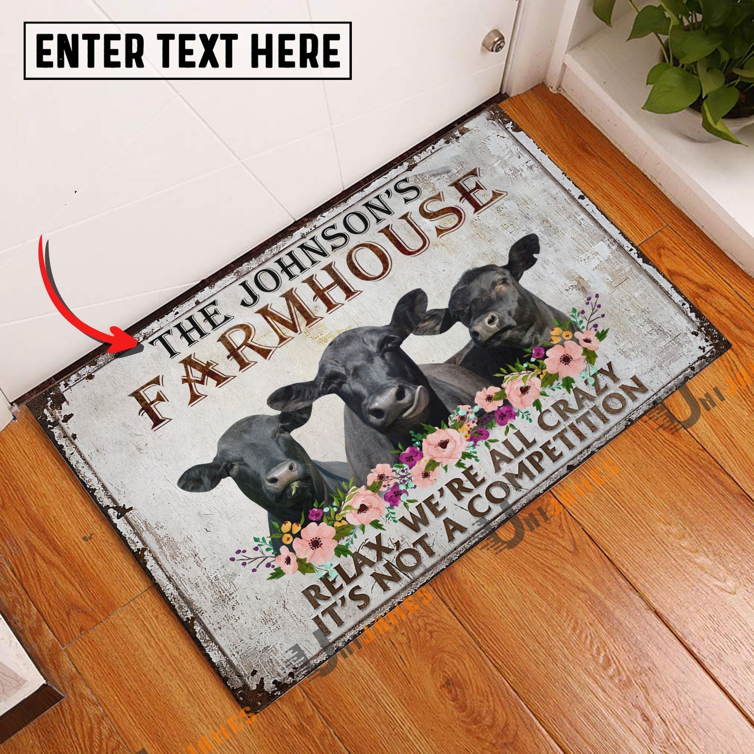 Black Angus Relax Cattle Farm Personalized Name Doormat