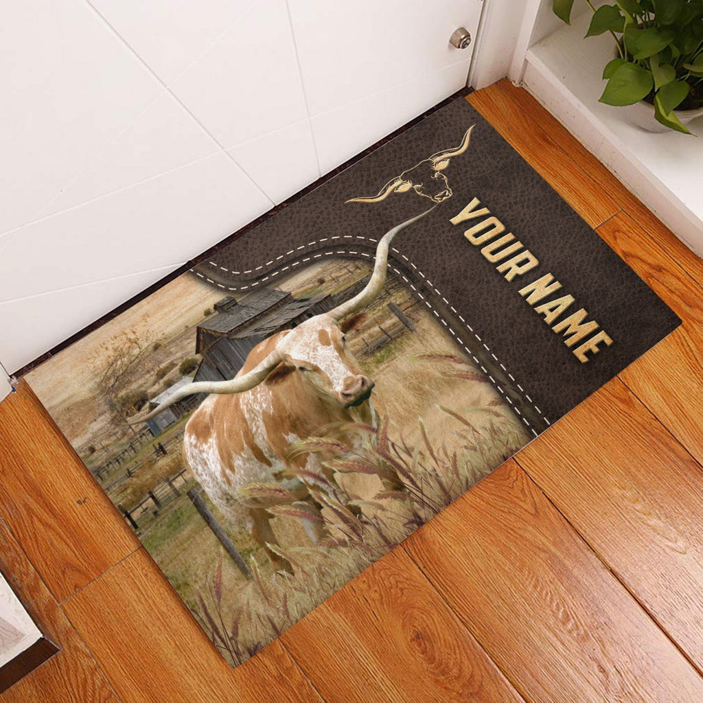 Texas Longhorn Custom Name Leather Pattern Doormat