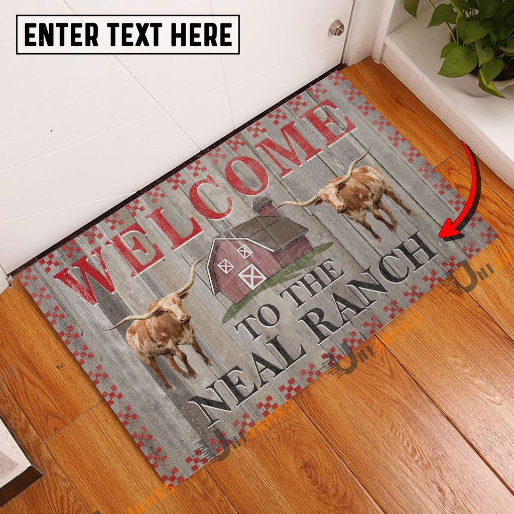 Texas Longhorn Welcome To The Farmhouse Custom Name Doormat