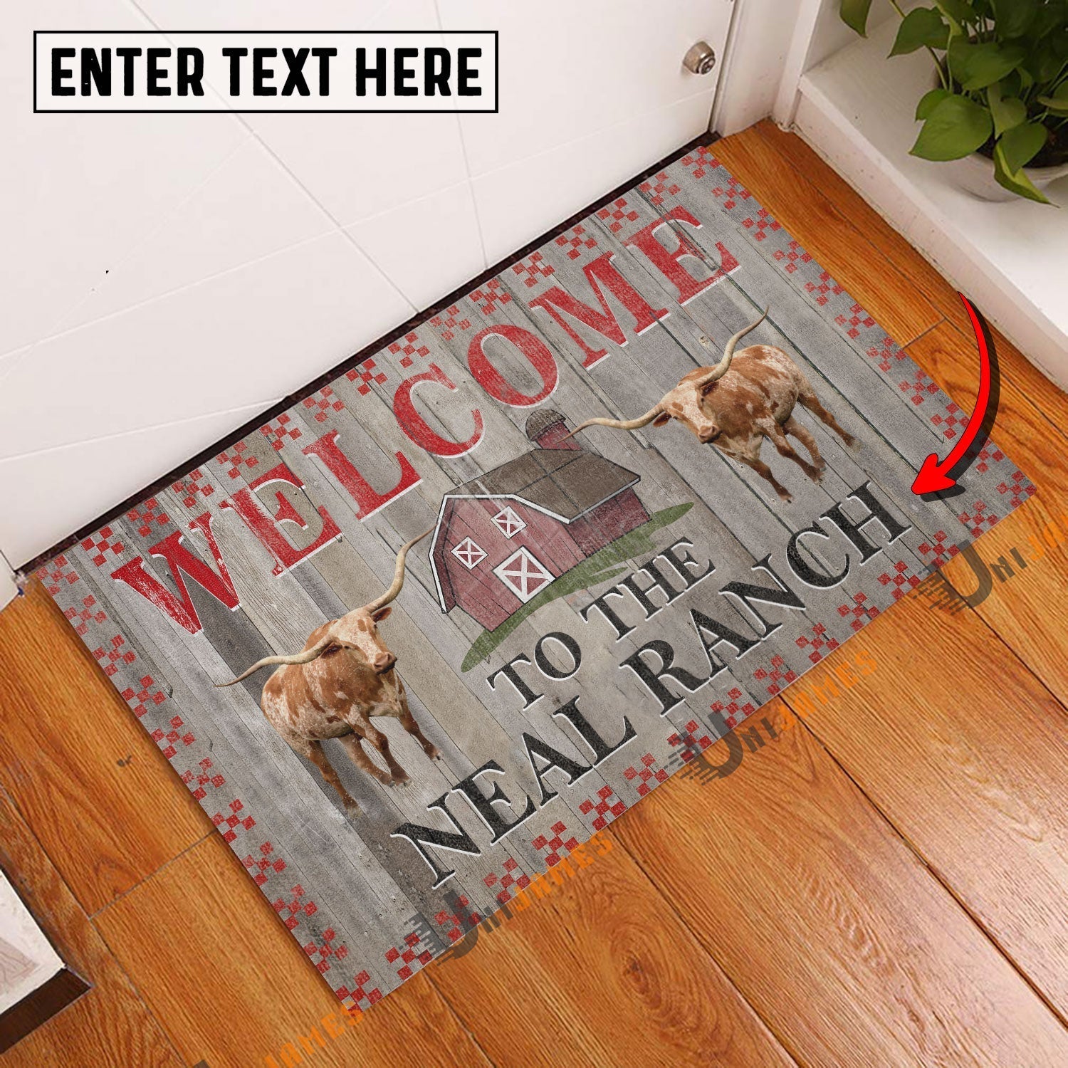 Texas Longhorn Welcome To The Farmhouse Custom Name Doormat