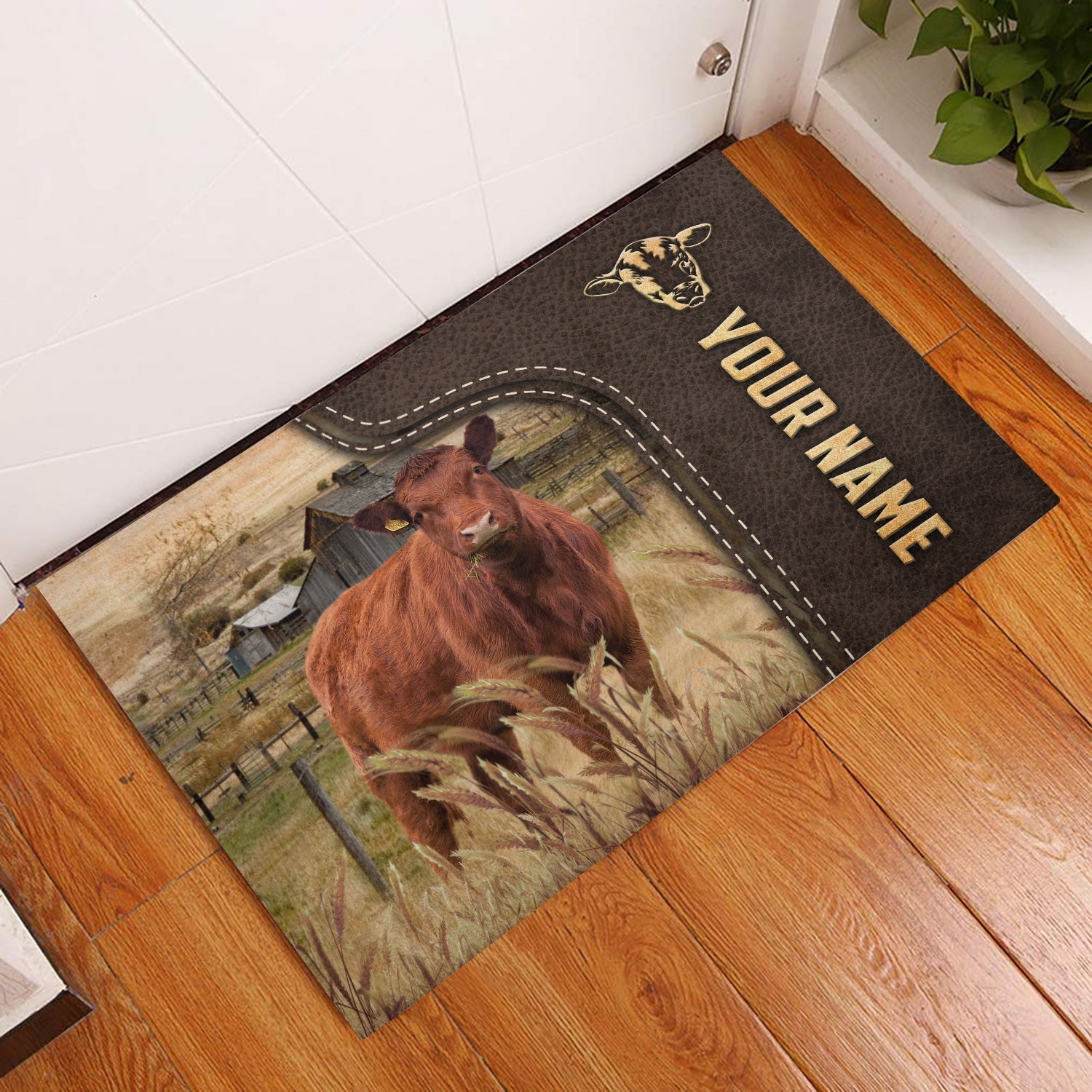 Red Angus Custom Name Leather Pattern Doormat