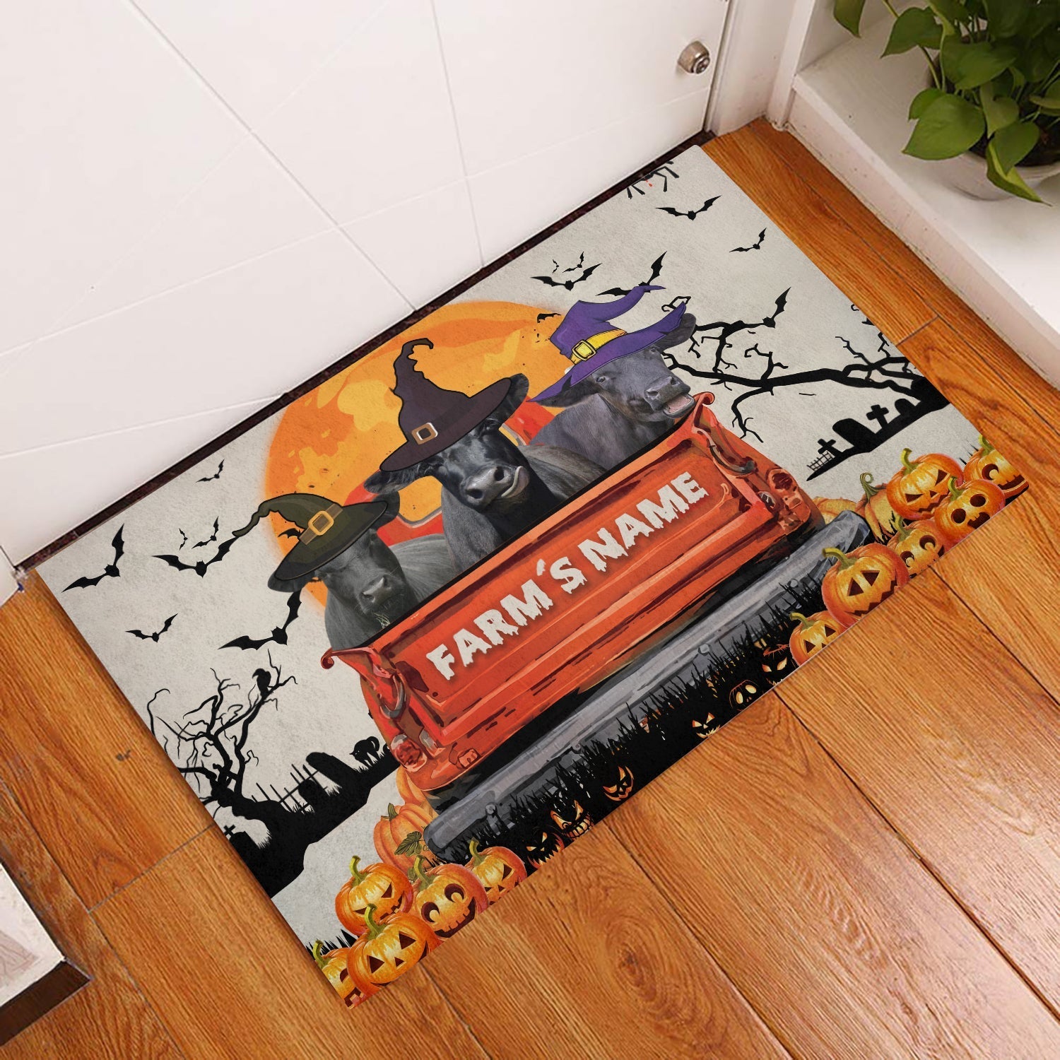 Black Angus Custom Farm Name Halloween Doormat