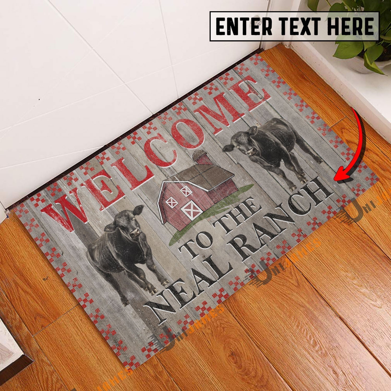 Black Angus Welcome To The Farmhouse Custom Name Doormat