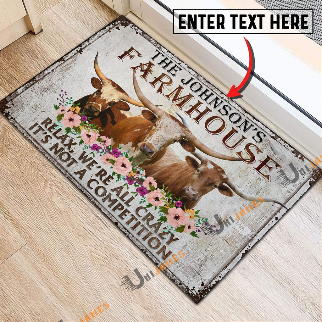 Texas Longhorn Relax Cattle Farm Personalized Name Doormat