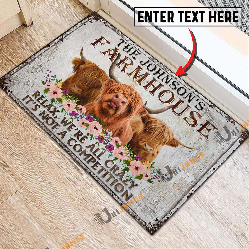 Highland Relax Cattle Farm Personalized Name Doormat
