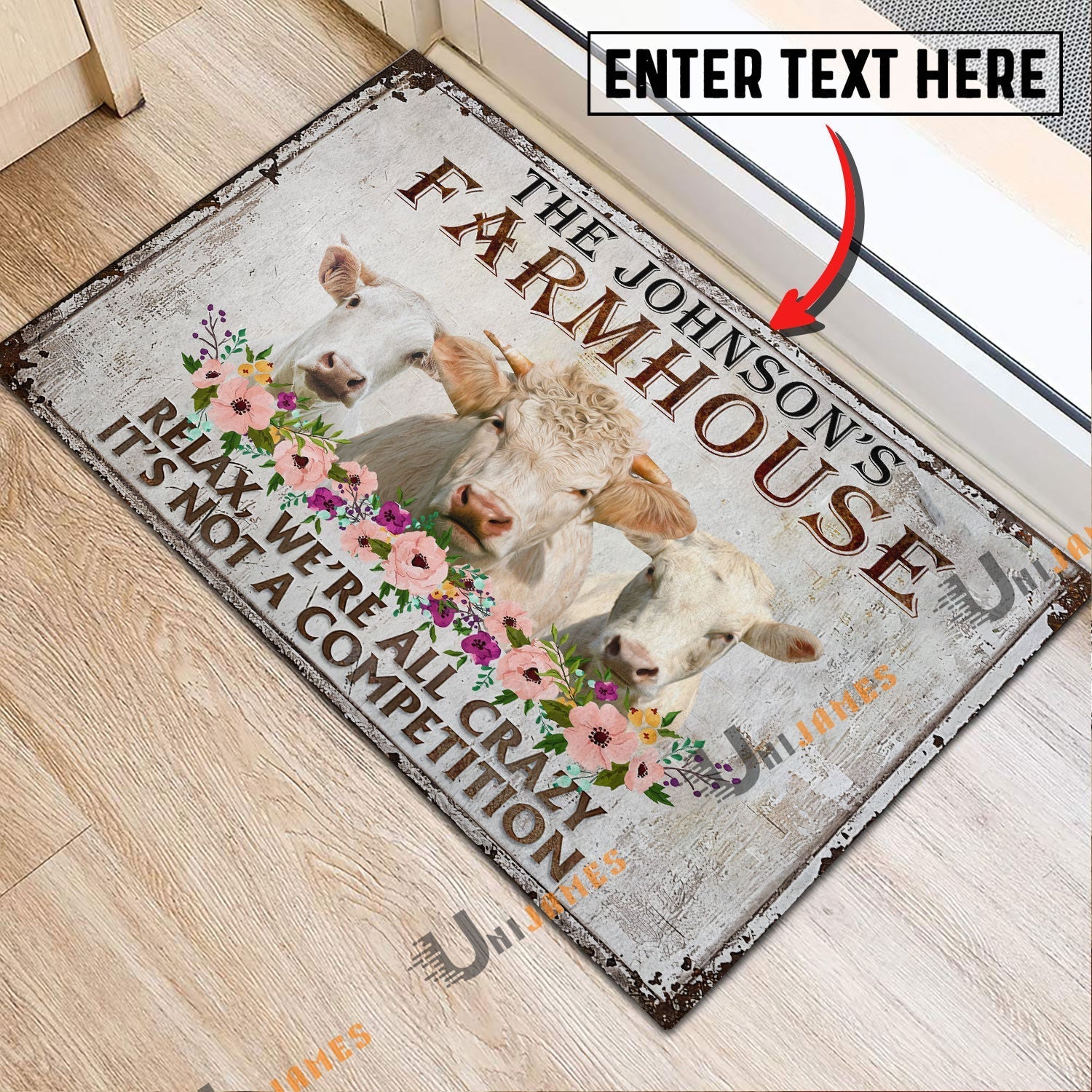 Charolais Relax Cattle Farm Personalized Name Doormat