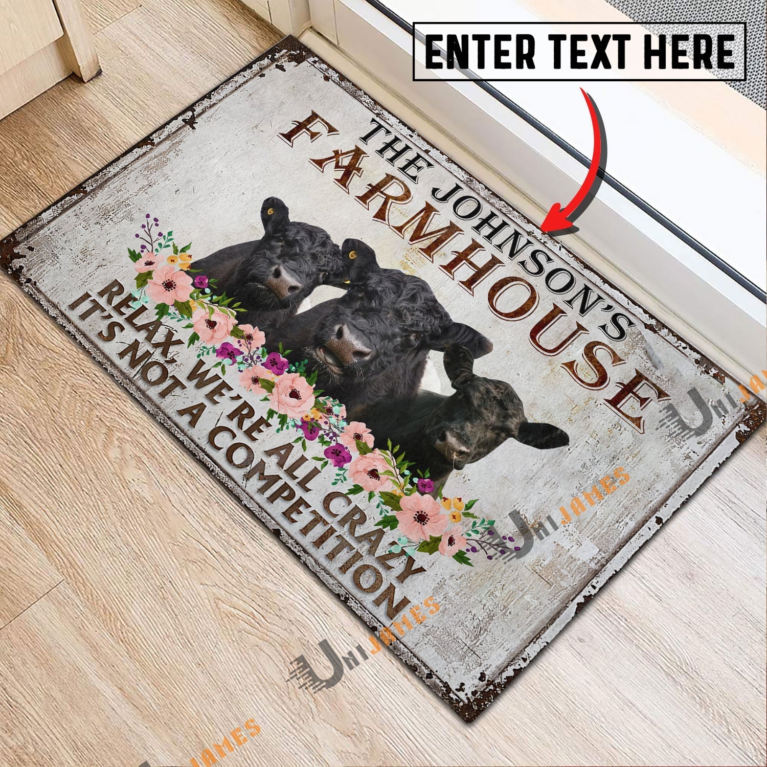 Belted Galloway Relax Cattle Farm Personalized Name Doormat