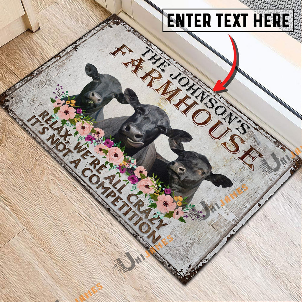 Black Angus Relax Cattle Farm Personalized Name Doormat
