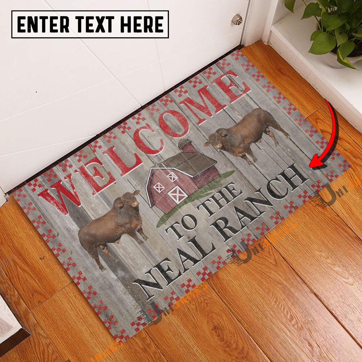 Beefmaster Welcome To The Farmhouse Custom Name Doormat