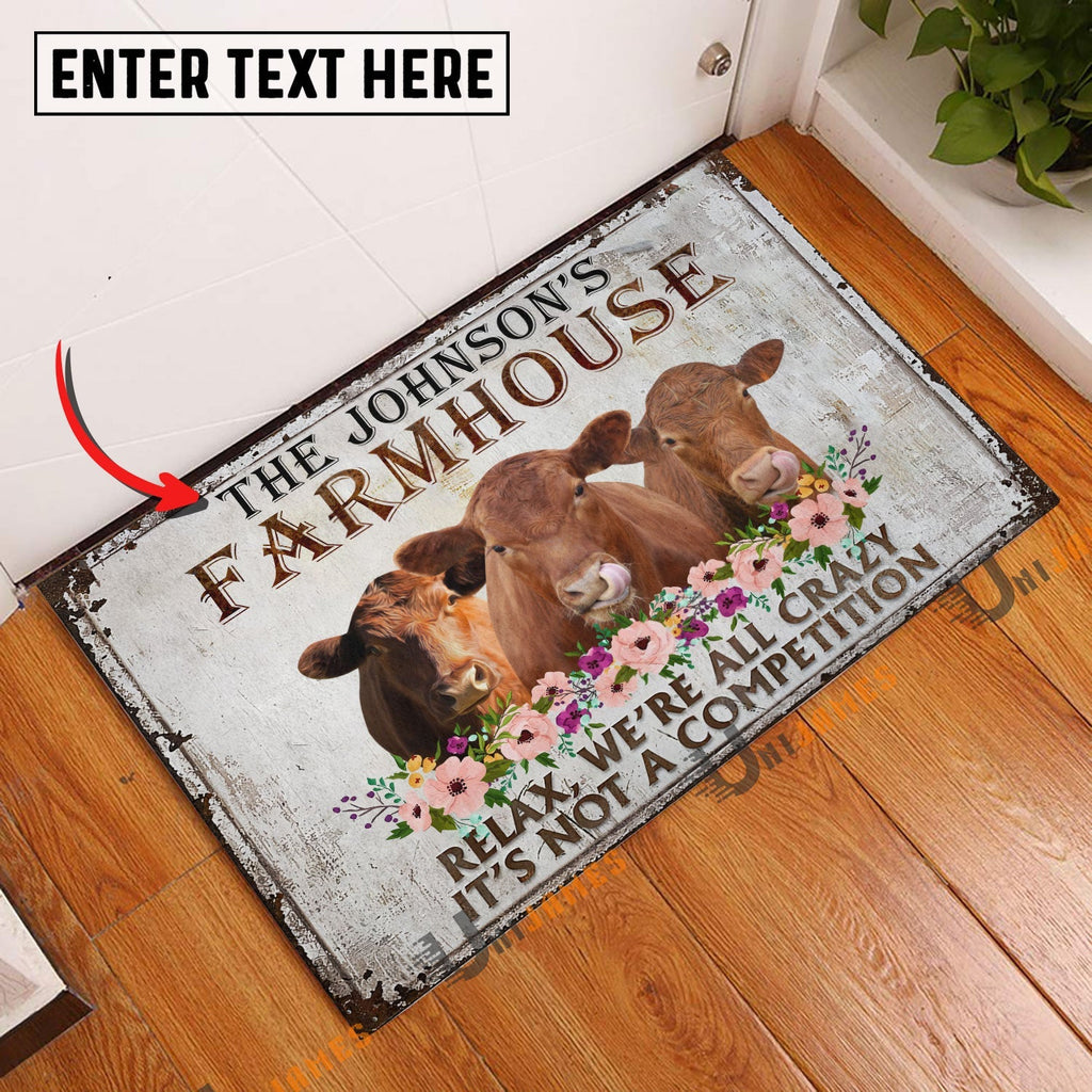 Red Angus Relax Cattle Farm Personalized Name Doormat