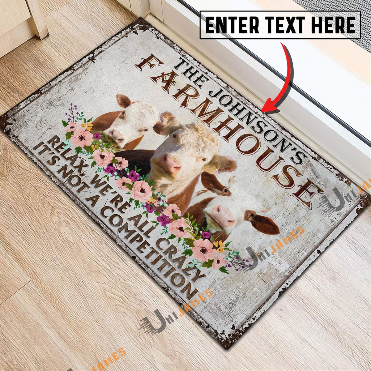 Hereford Relax Cattle Farm Personalized Name Doormat