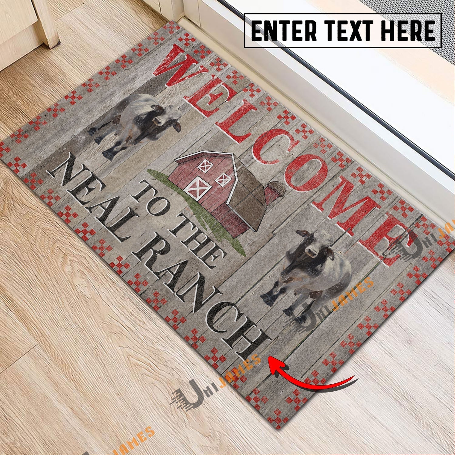 Brahman Welcome To The Farmhouse Custom Name Doormat