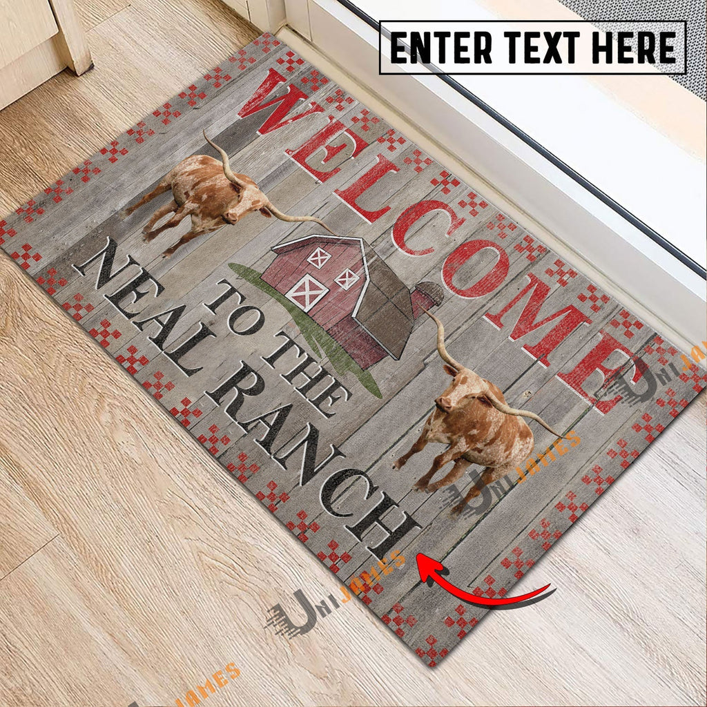 Texas Longhorn Welcome To The Farmhouse Custom Name Doormat