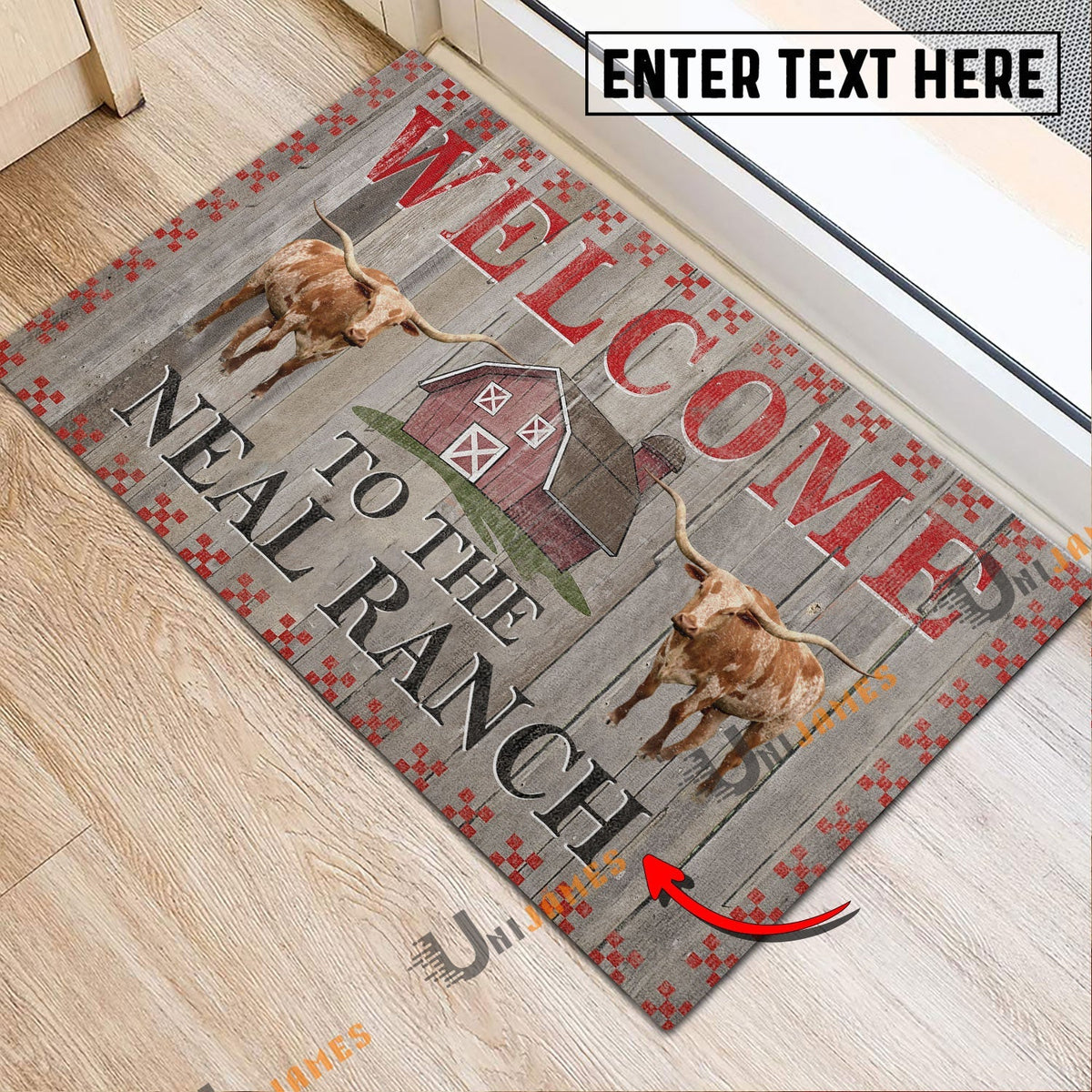 Texas Longhorn Welcome To The Farmhouse Custom Name Doormat
