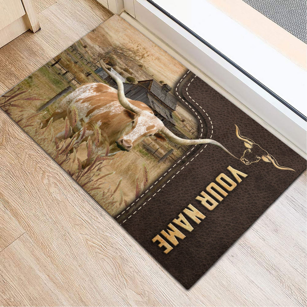 Texas Longhorn Custom Name Leather Pattern Doormat
