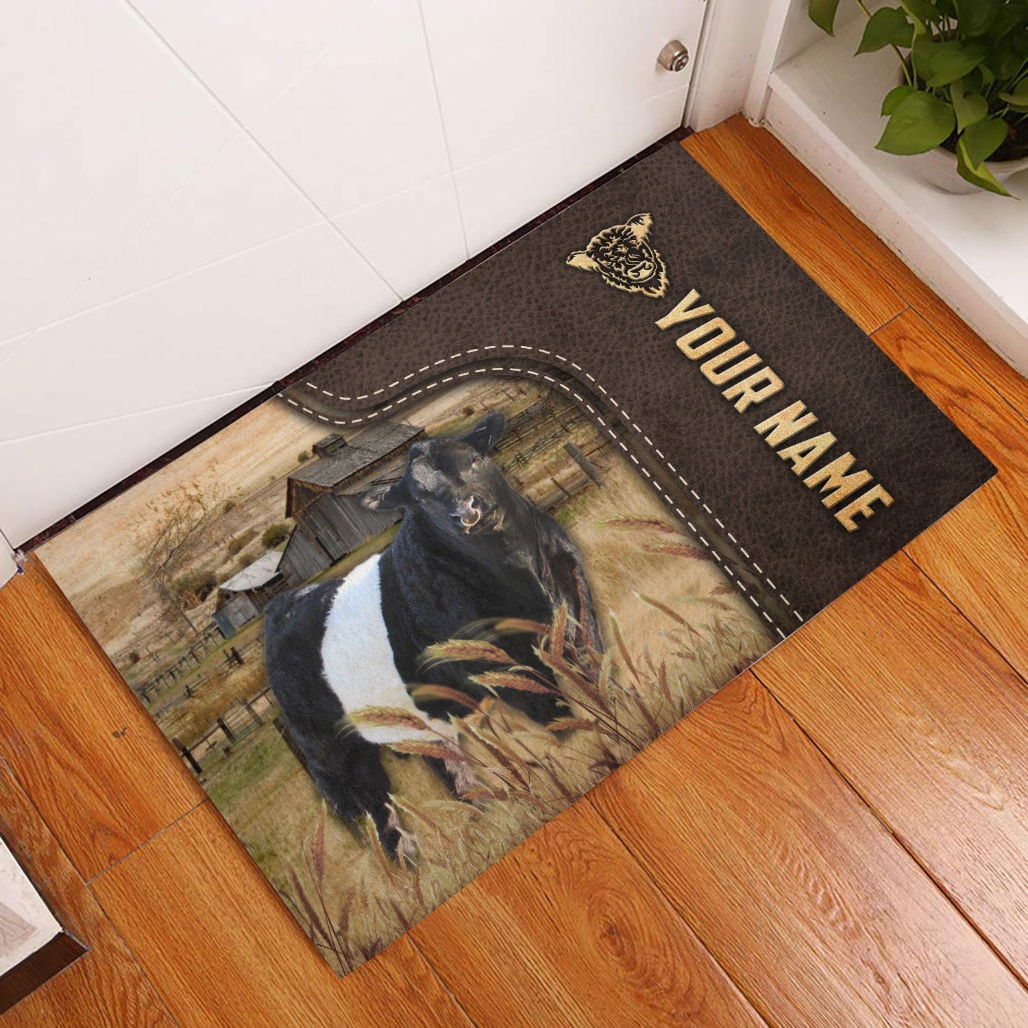 Belted Galloway Custom Name Leather Pattern Doormat