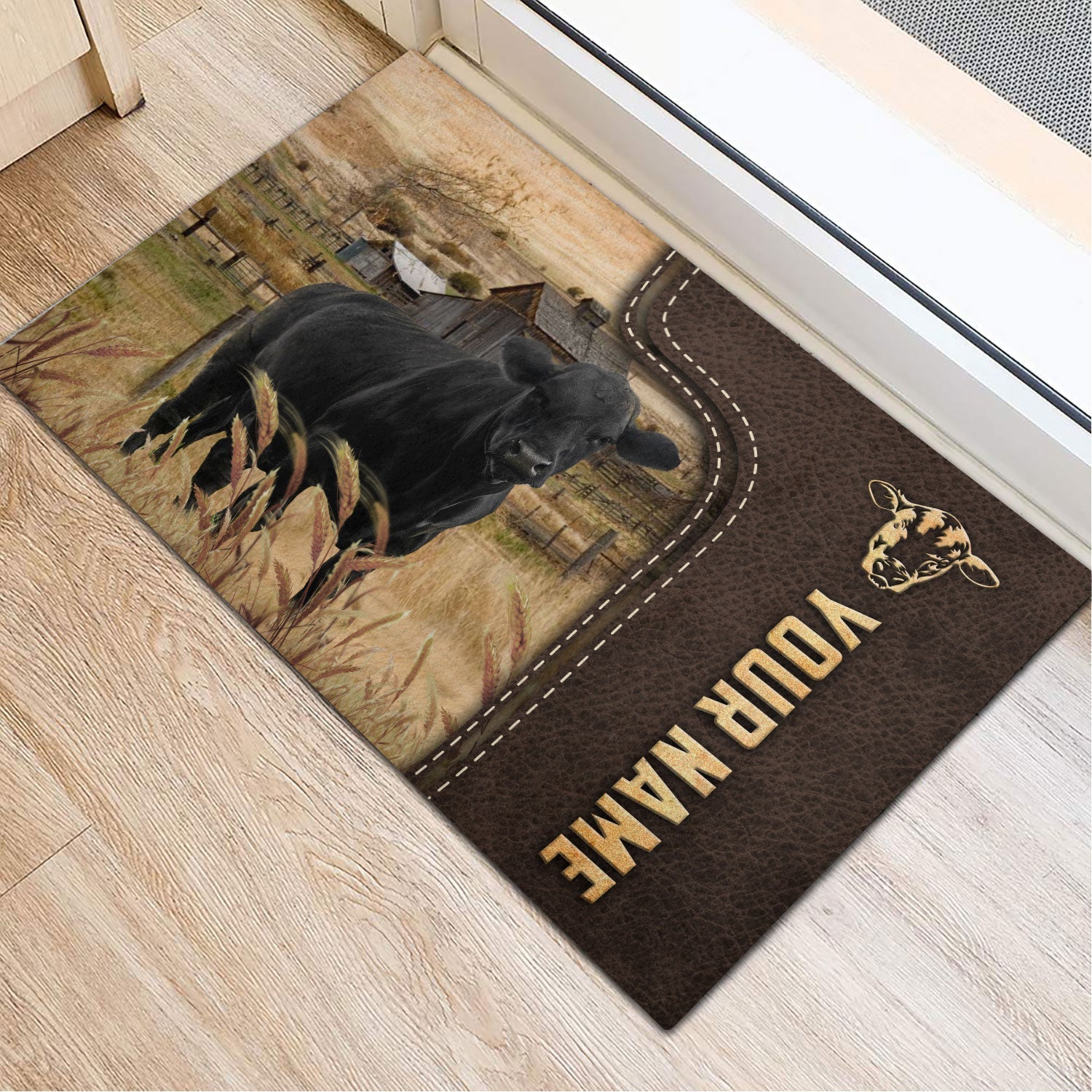 Black Angus Custom Name Leather Pattern Doormat