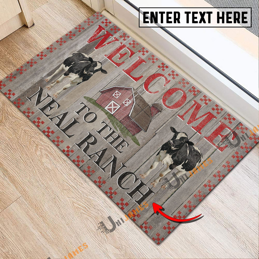 Holstein Welcome To The Farmhouse Custom Name Doormat