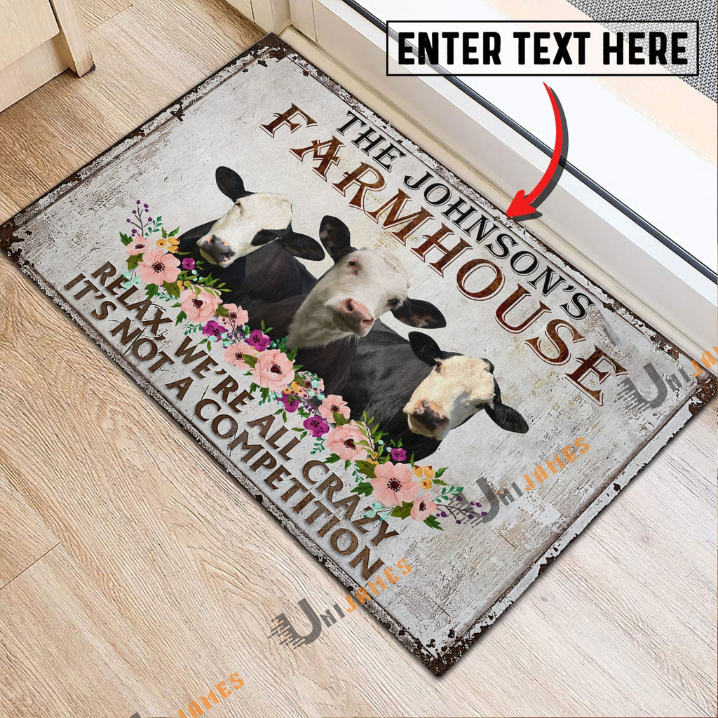Black Baldy Relax Cattle Farm Personalized Name Doormat
