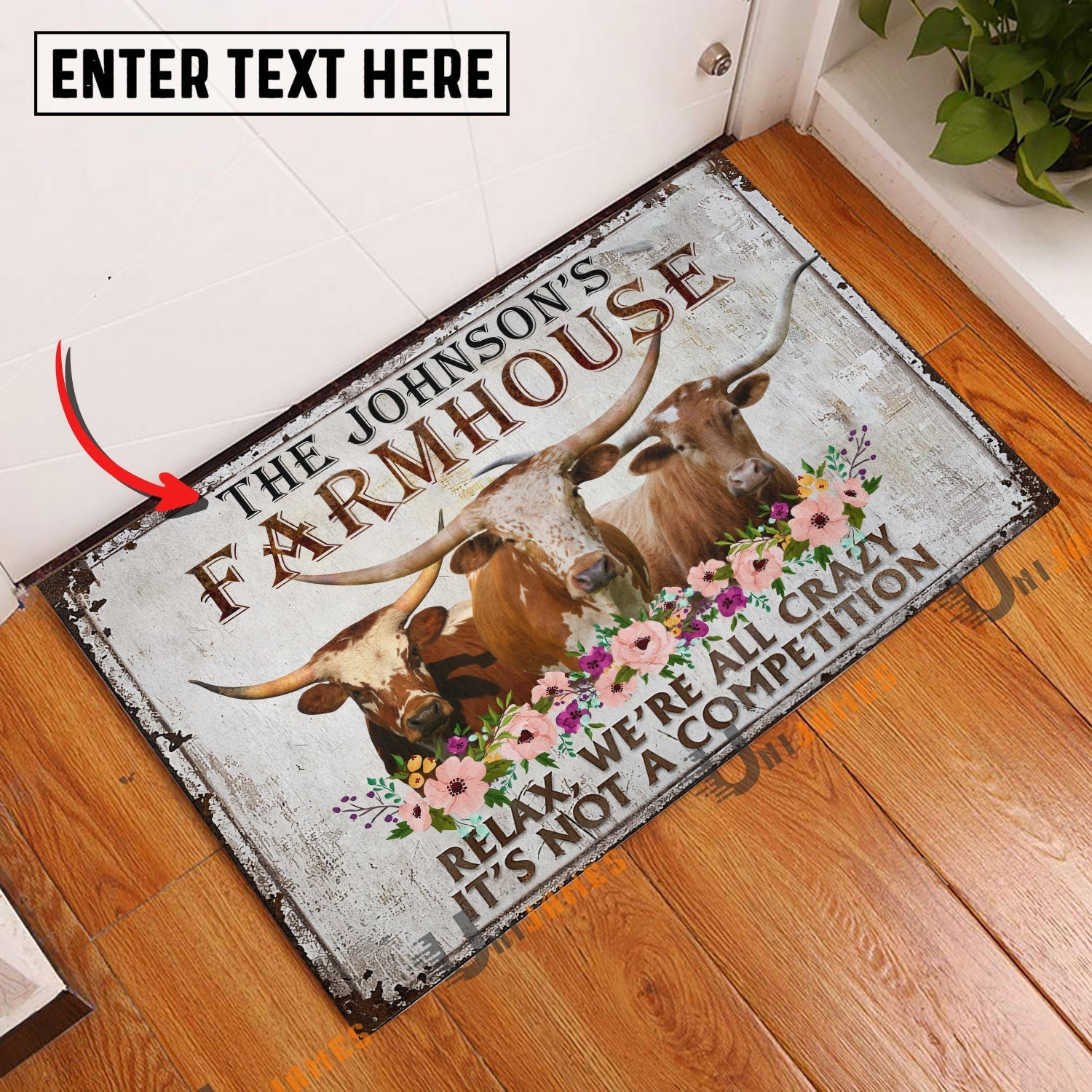 Texas Longhorn Relax Cattle Farm Personalized Name Doormat