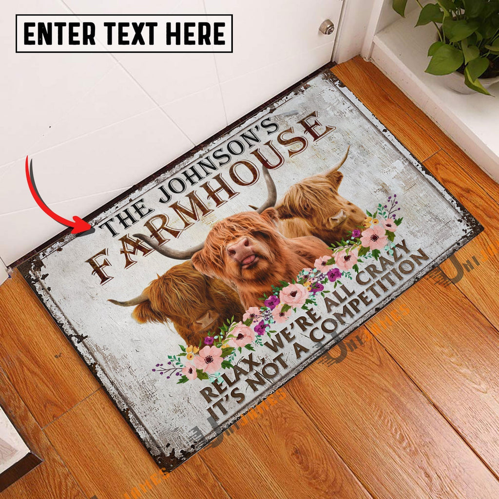Highland Relax Cattle Farm Personalized Name Doormat