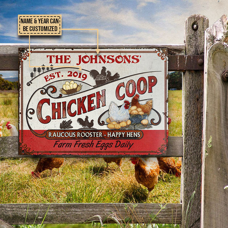 Personalized Chicken Coop Fresh Eggs Daily Red White All Printed 3D Metal Sign