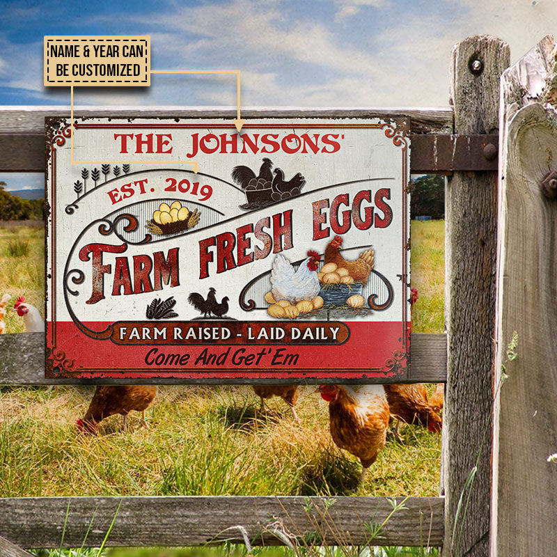 Personalized Chicken Farm Fresh Eggs Red White All Printed 3D Metal Sign