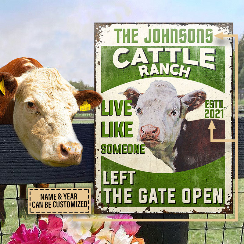 Personalized Cattle Ranch Hereford Cattle Left the Gate Open All Printed 3D Metal Sign