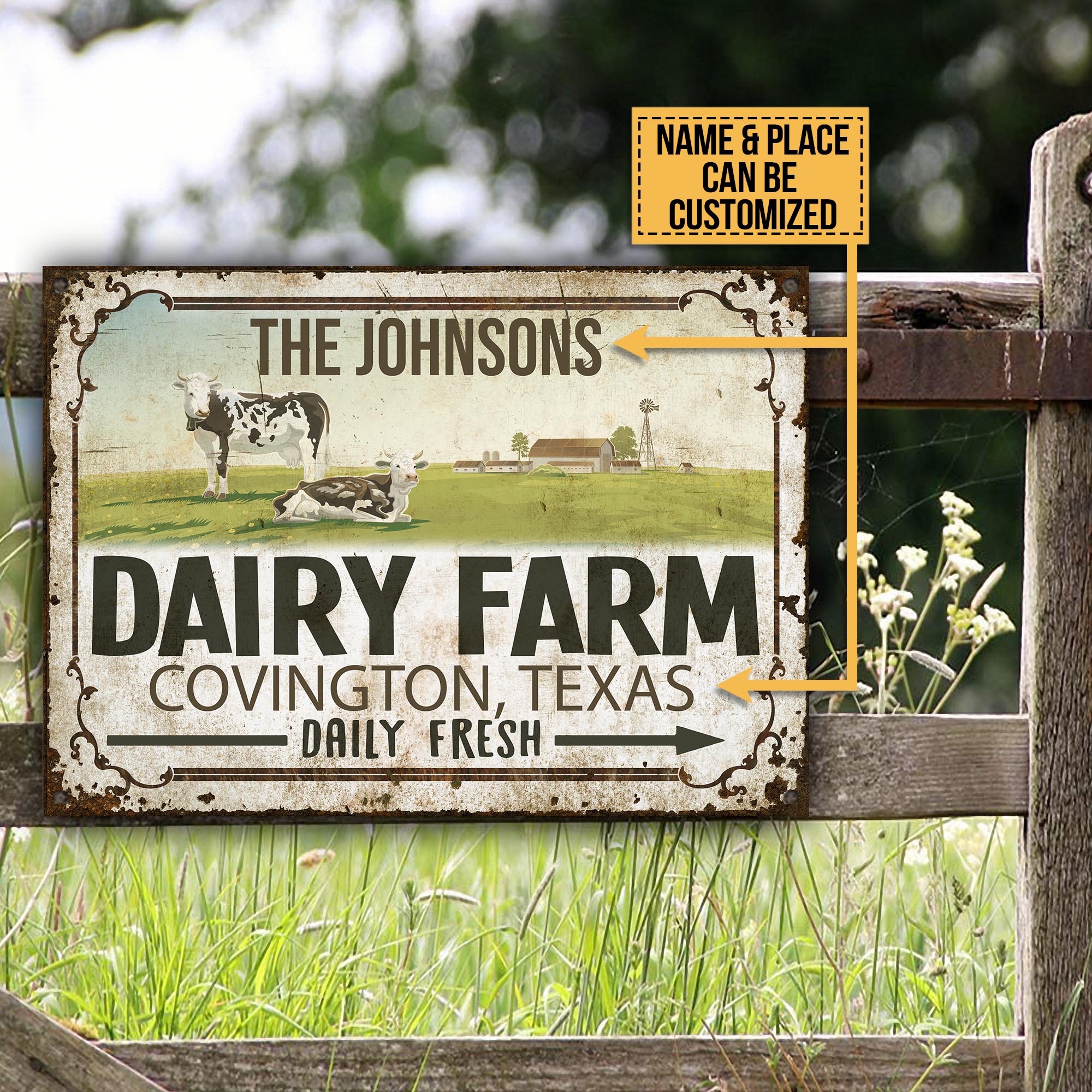 Customized Name Cattle Farm Dairy Farm Convington Texas Daily Fresh All Printed 3D Metal Sign