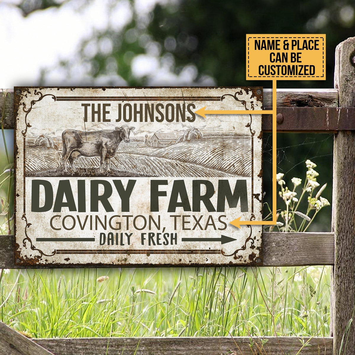 Customized Name Vintage Dairy Farm Daily Fresh All Printed 3D Metal Sign