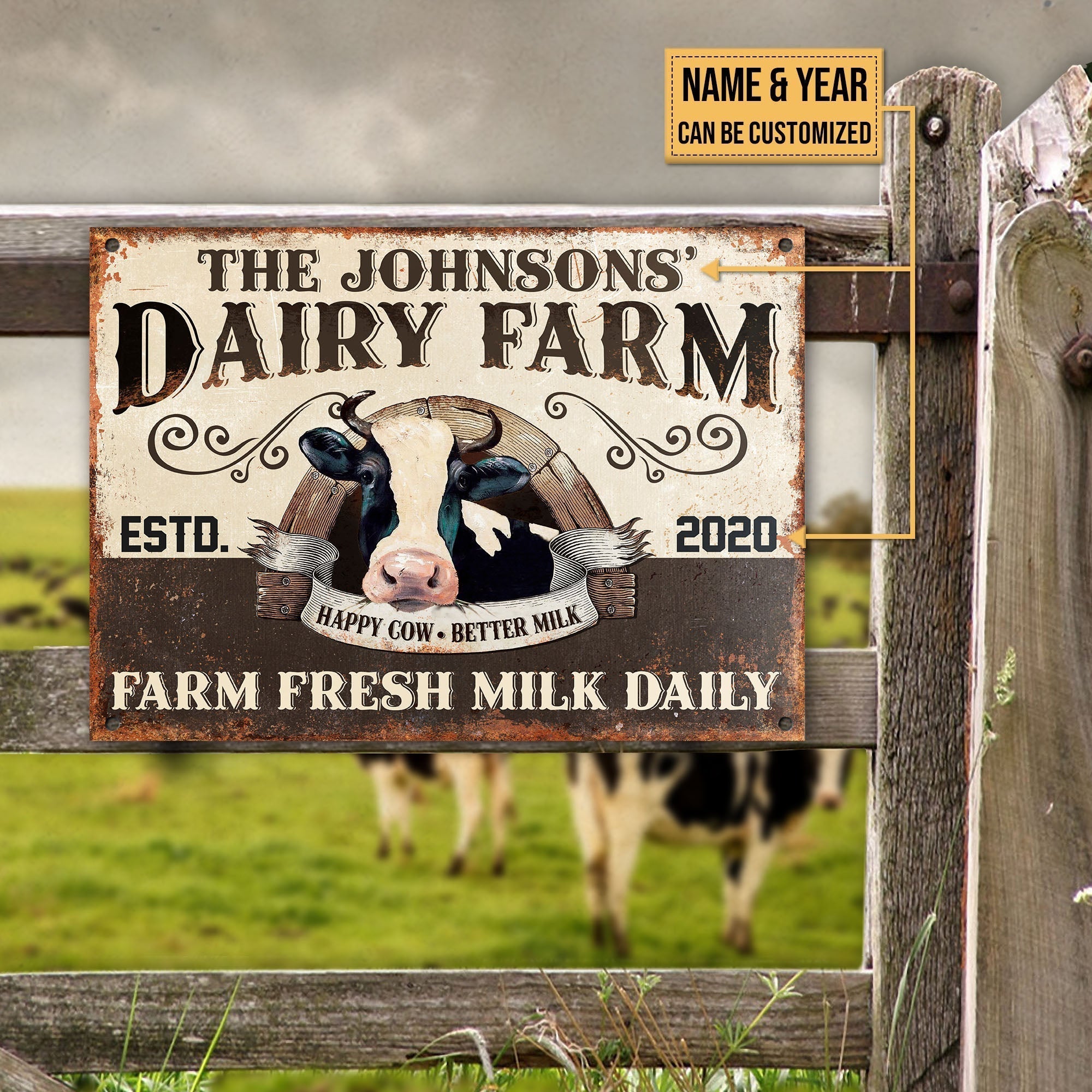 Customized Name Dairy Farm Fresh Milk Daily All Printed 3D Metal Sign