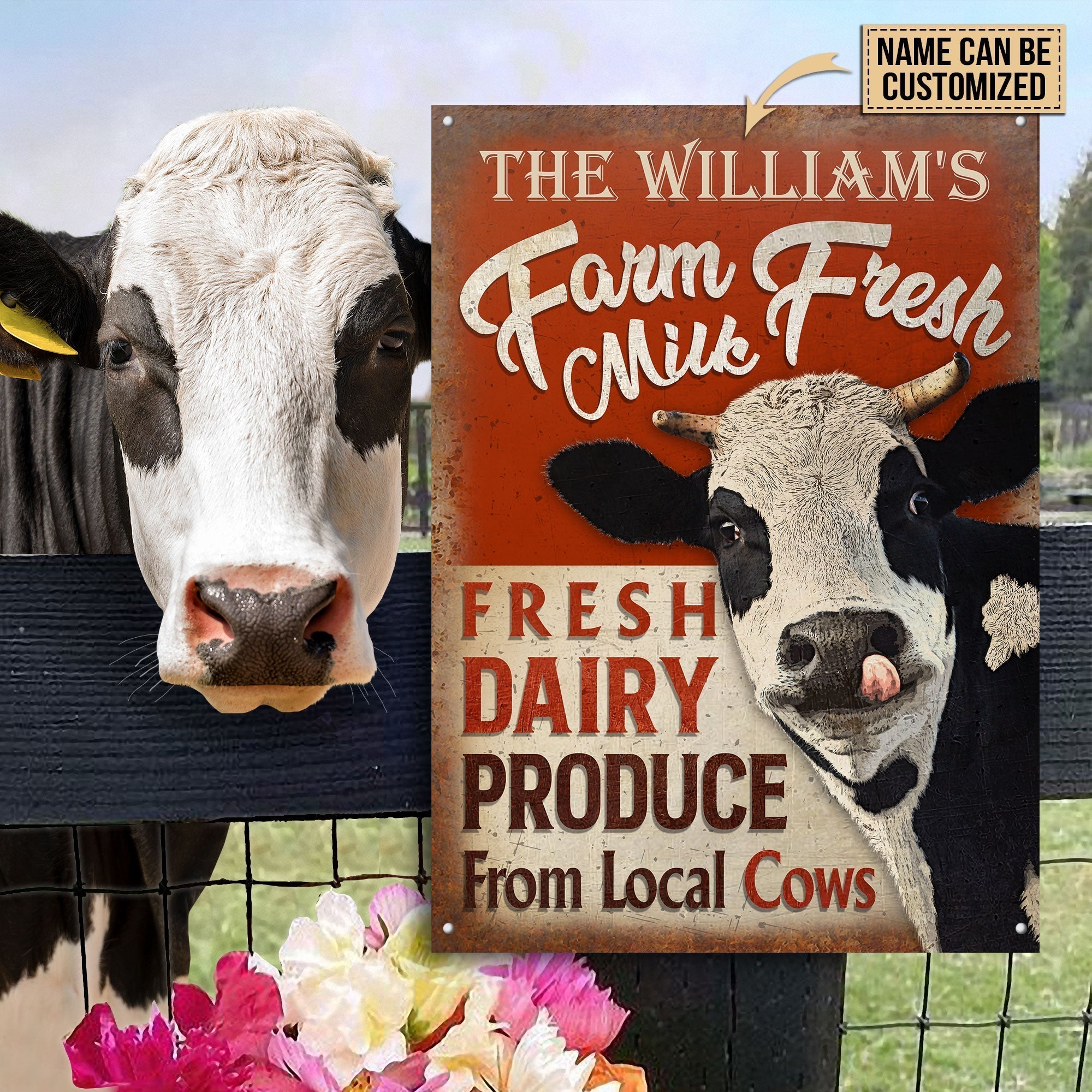 Customized Name Dairy Farm Fresh Milk Fresh Daily Local Cows All Printed 3D Metal Sign