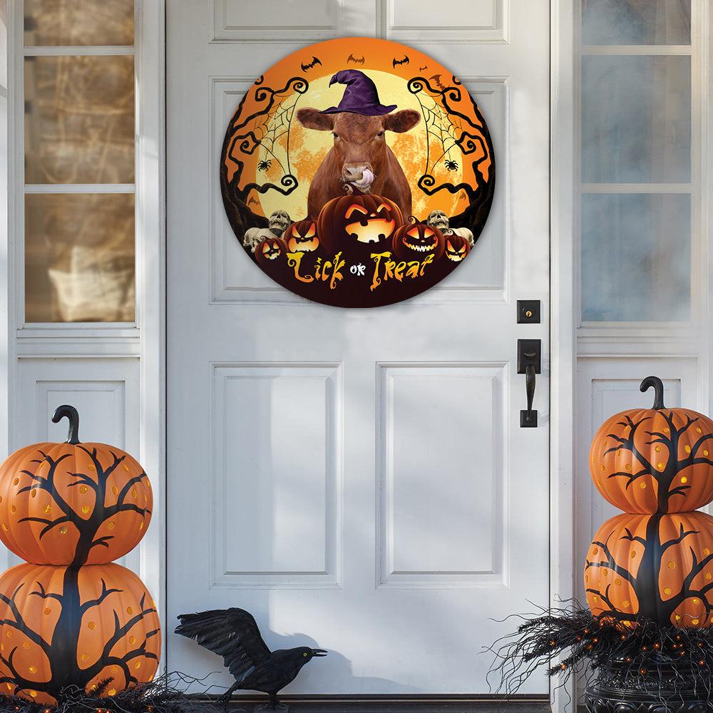 Halloween Red Angus Cattle All Printed 3D Round Wooden Sign
