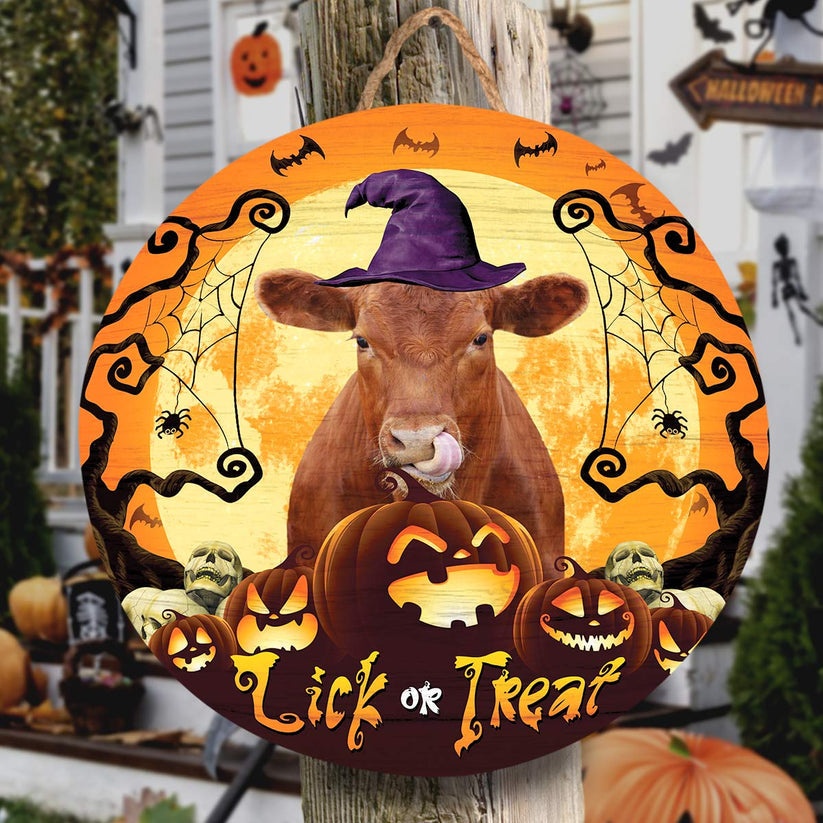Red Angus Lick Or Treat Round Wooden Sign