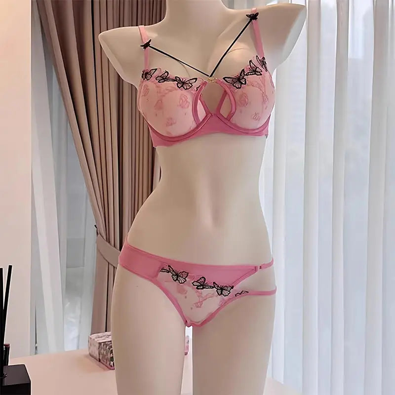 Spring/Summer Sexy Sweetheart Black Butterfly Embroidered Pink Bra With Steel Rim, Thickened For Small Breasts, Women Bra Set