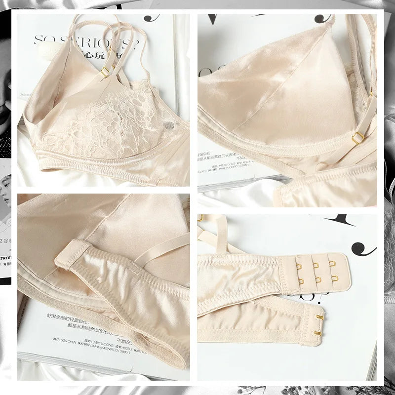 Summer New Silk Ultra-thin Triangle Cup Underwear Mulberry Silk Sexy Lace Rimless Double Cup Bra