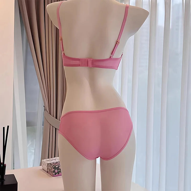 Spring/Summer Sexy Sweetheart Black Butterfly Embroidered Pink Bra With Steel Rim, Thickened For Small Breasts, Women Bra Set