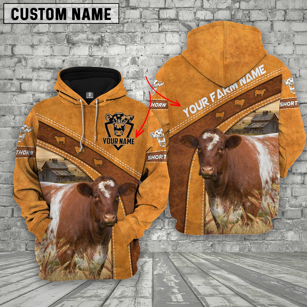 Shorthorn 3D Customized Name - Farm Name Hoodie