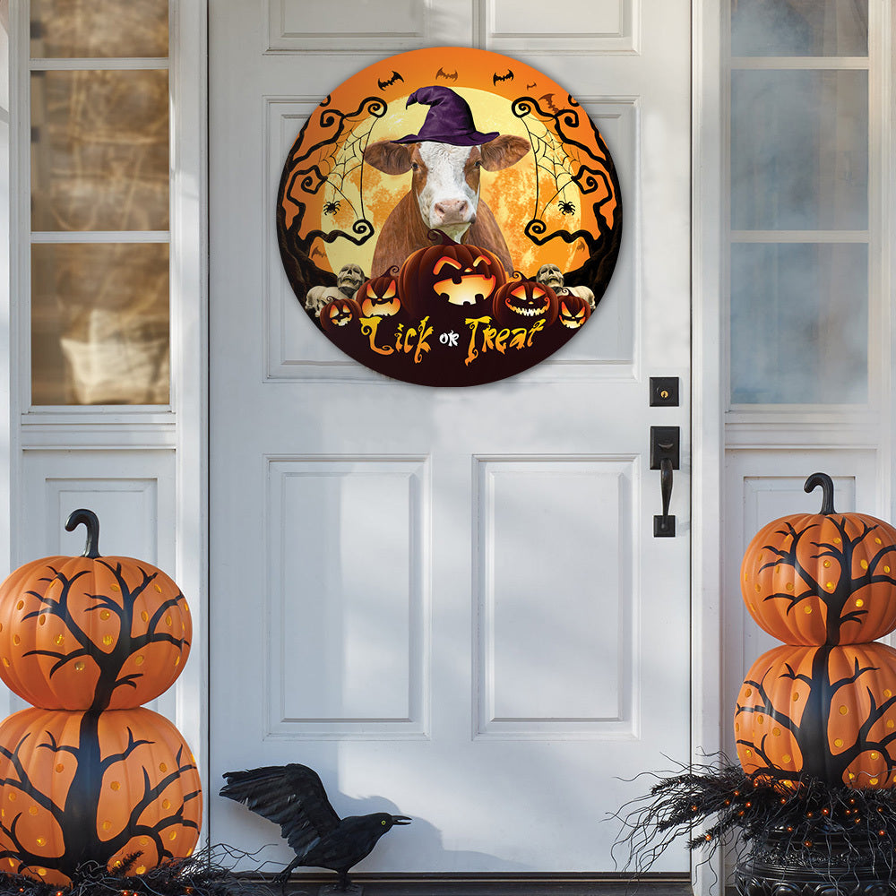 Halloween Simmental Cattle All Printed 3D Round Wooden Sign