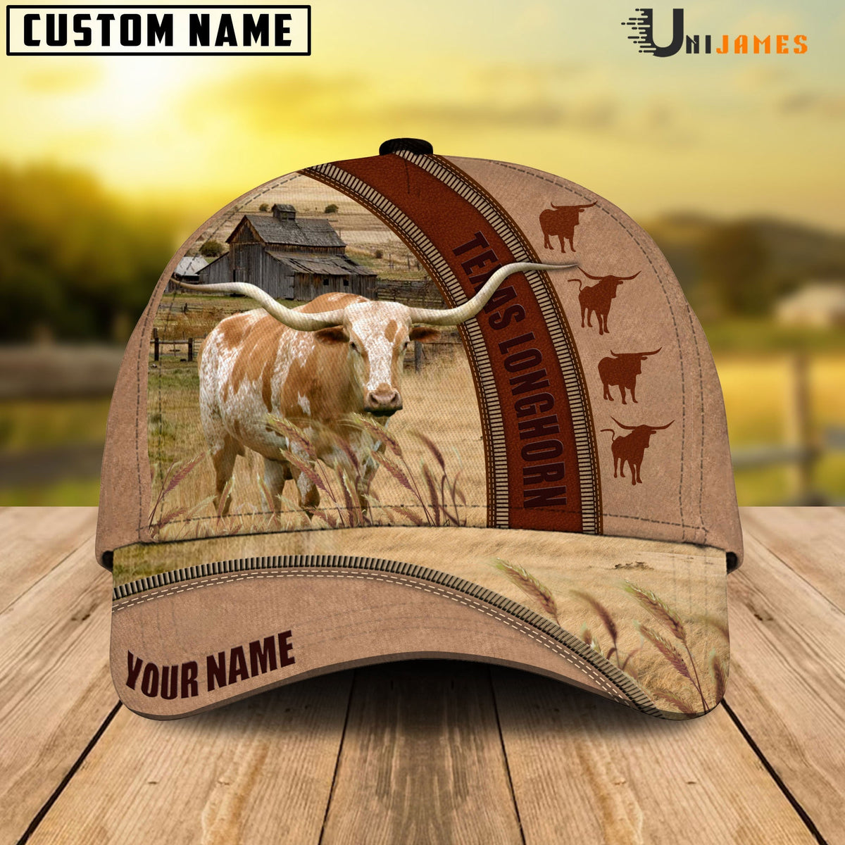 Texas Longhorn Farming Light Brown Personalized Name Cap